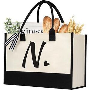 Initial Canvas Tote Bag, Personalized Beach Jute Bag Present For Women Holiday,